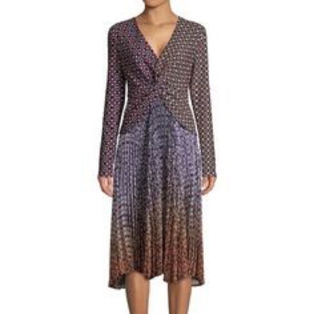 Delfi Collective Dress Pleated Plisse Mixed Prints Fall Colors Long Sleeves Sz M